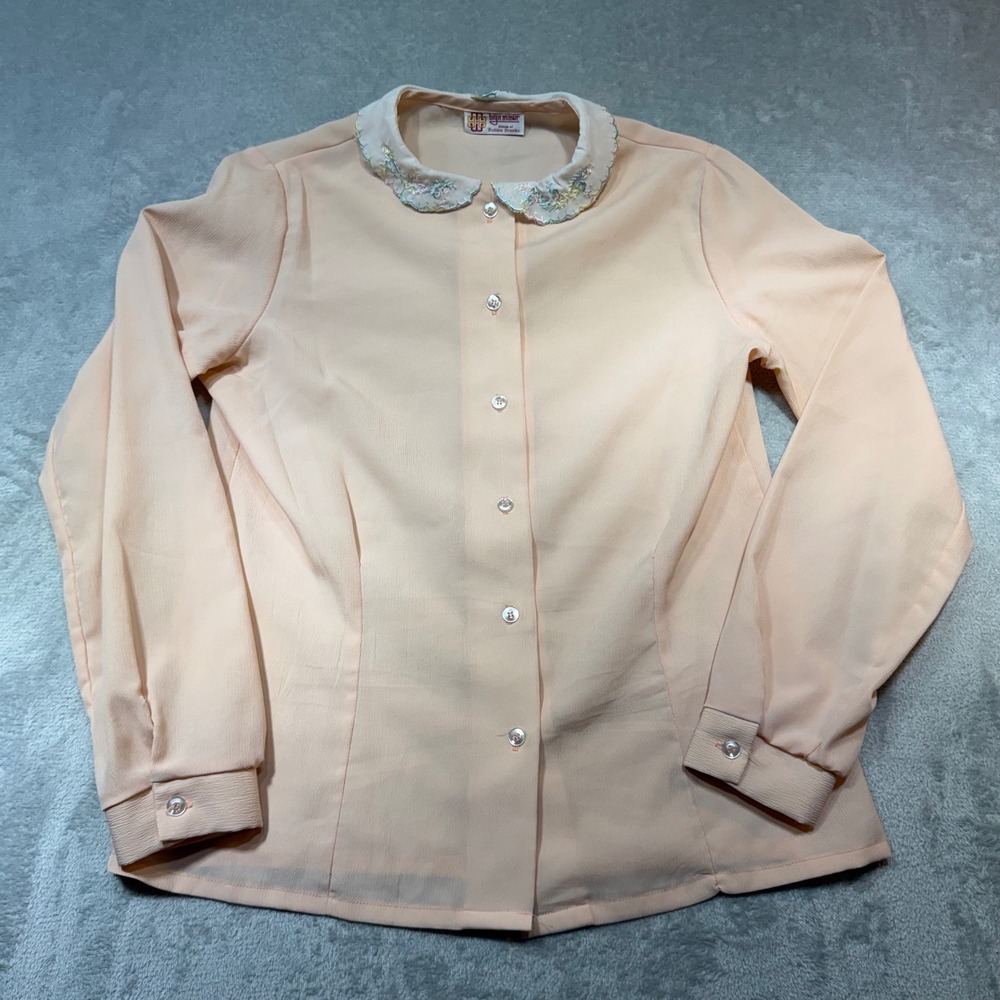 Vintage 70s‎ Peach Embroidered Peter Pan Collar Blouse M Cottagecore Soft Girl